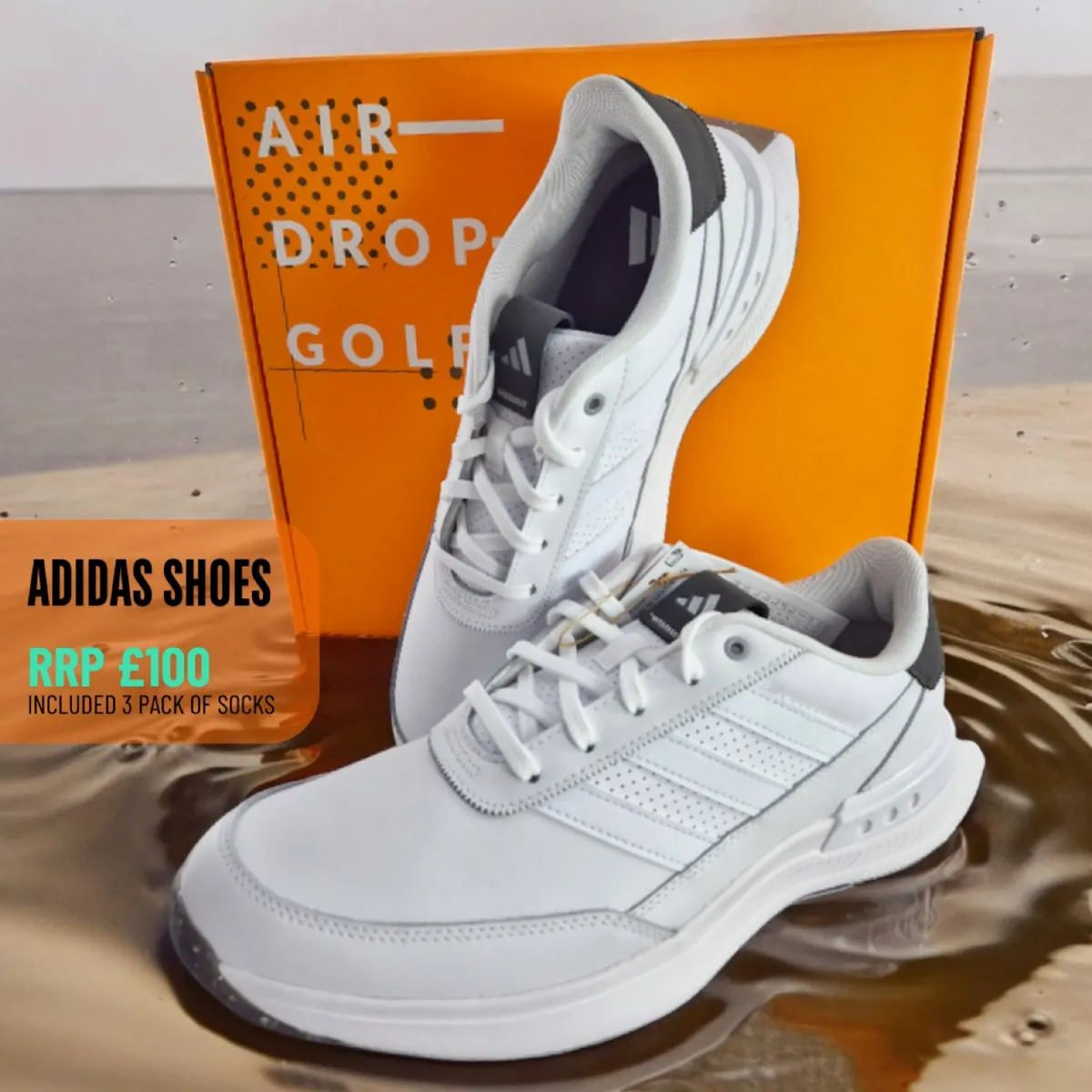 June 2026 box: a pair of white adidas golf shoes with grey heel tabs posed in front of the orange Airdropgolf box, with an overlaid label reading "adidas shoes, RRP £100, included 3 pack of socks".